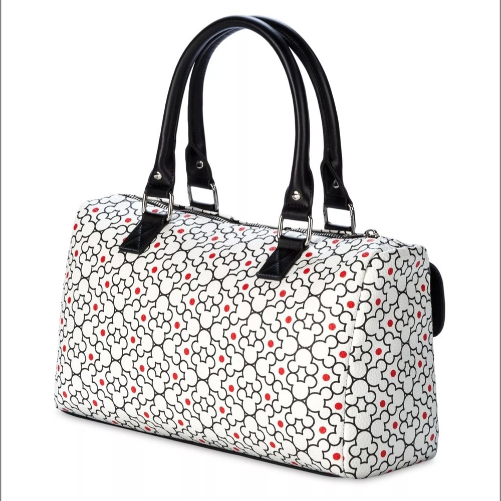 Disney Mickey Mouse Floral Icon Satchel Bag White Black Red Cargo Pockets NEW - Picture 2 of 5